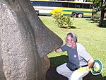 [Bob compares noses with the Polynesian statue (Honolulu)]