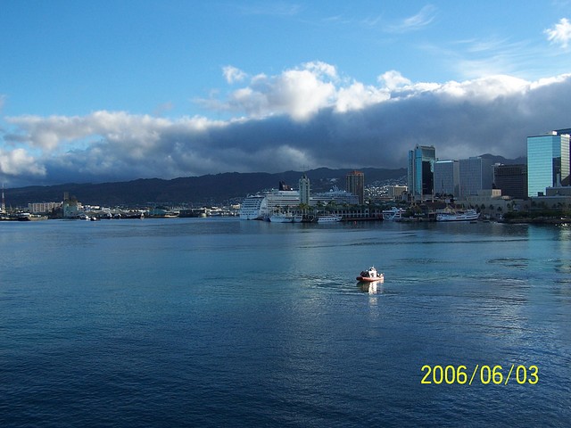 [A View of Honolulu Harbor and Aloha Tower]