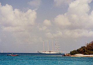 [Distance view of Star Clipper anchored at Carriacou]