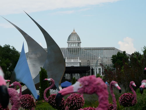 [Sculpture, Flamingos, and Palm House]
