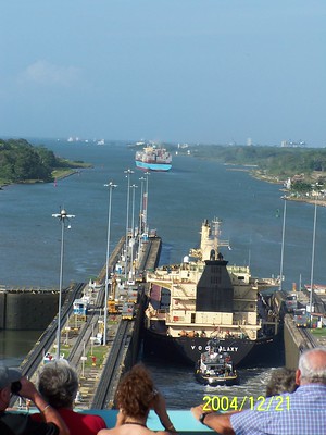 [Ships ahead leaving the lock and a view of the channel ahead]