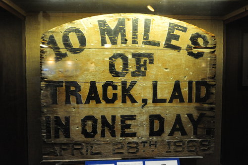 [Sign Commemerating '10 Miles of Track Laid in One Day' [display at visitor center]]